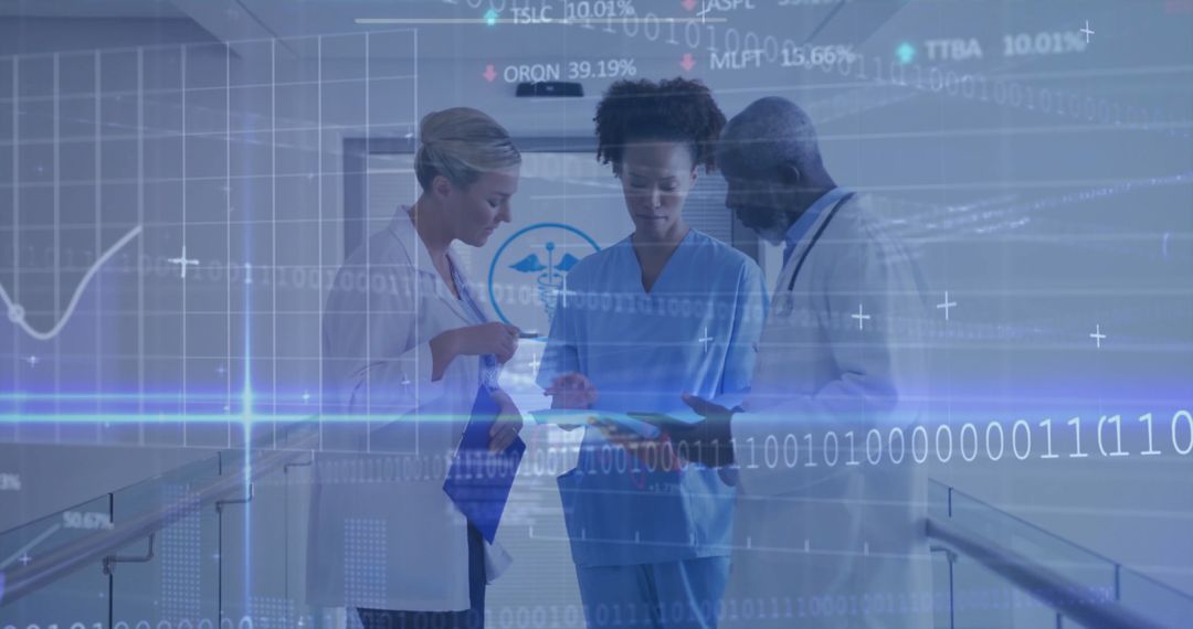 Healthcare Professionals Analyzing Data with Futuristic Technology Overlay