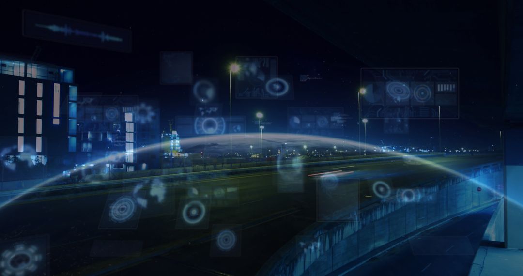 Futuristic Digital Interface Over Urban Highway with Data Visualization