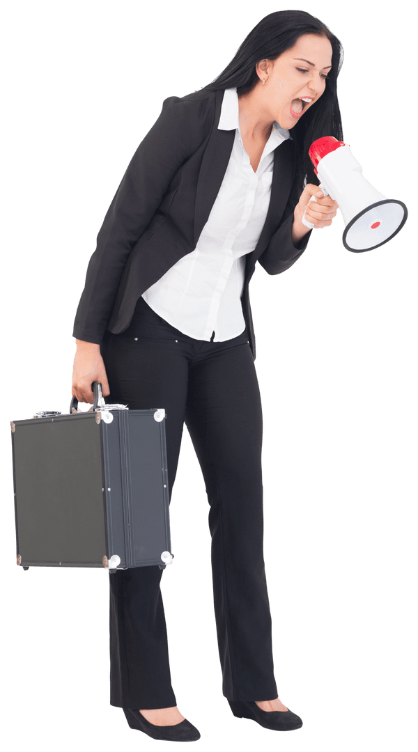 Transparent Businesswoman Holding Briefcase and Megaphone Shouting