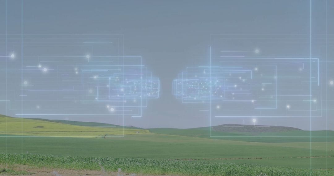 Futuristic Digital Networking HUD Over Green Farmland