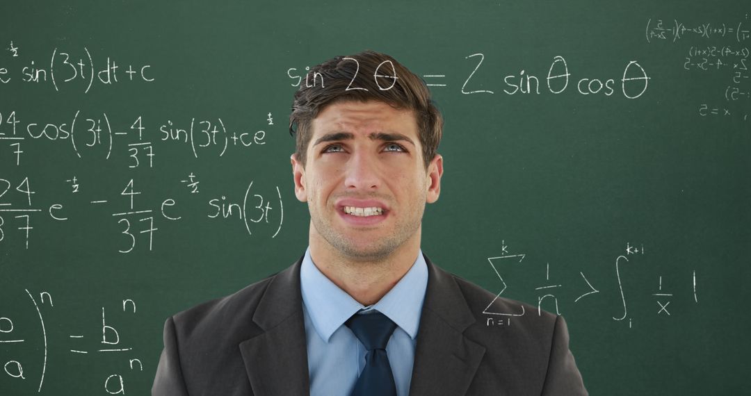 A digital image depicts a perplexed male student with math equations floating onscreen. - Free Images, Stock Photos and Pictures on Pikwizard.com