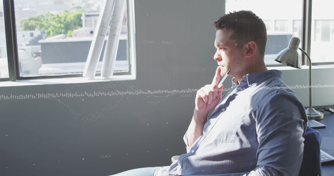 Businessman Contemplating Office Success and Data