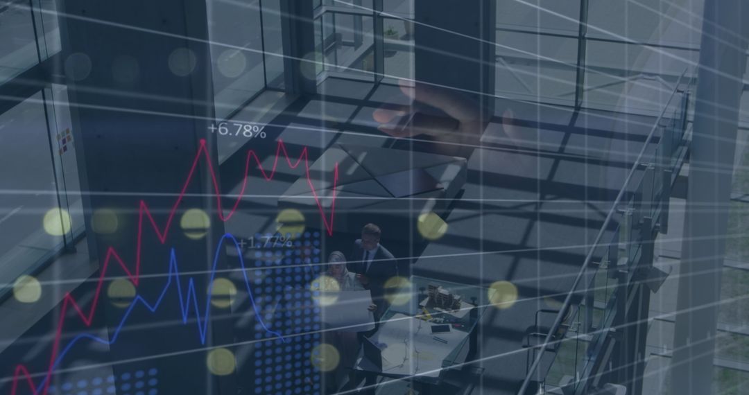 Businesswoman Analyzing Global Data on Virtual Interface in Office