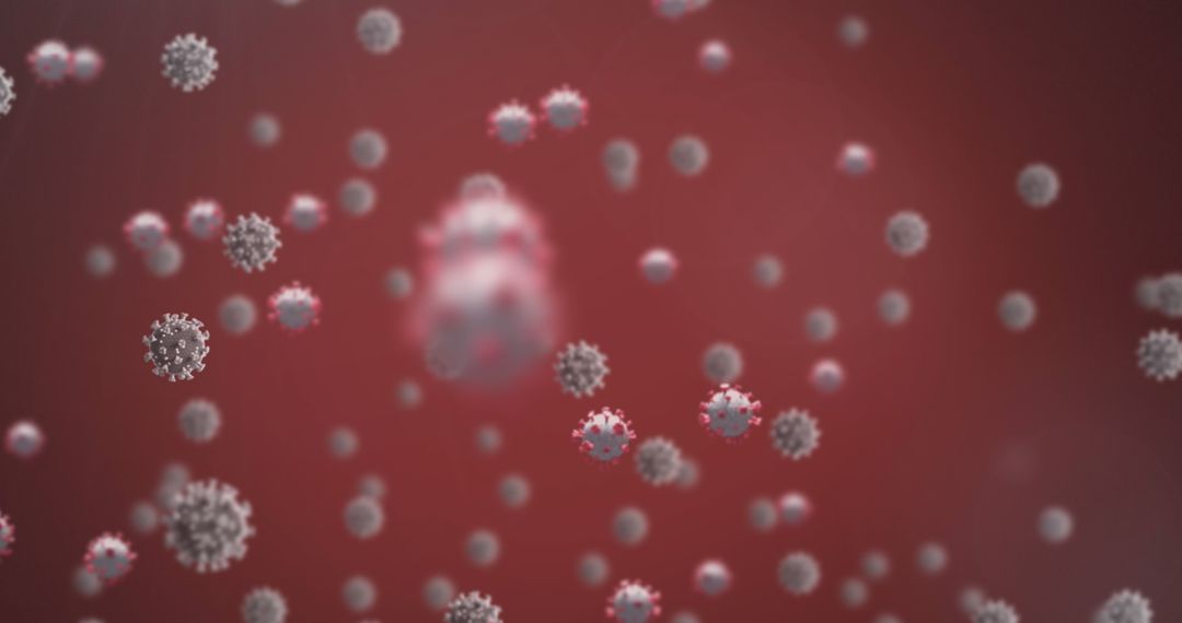 Floating Virus Cells on Red Background with Blurred Focus