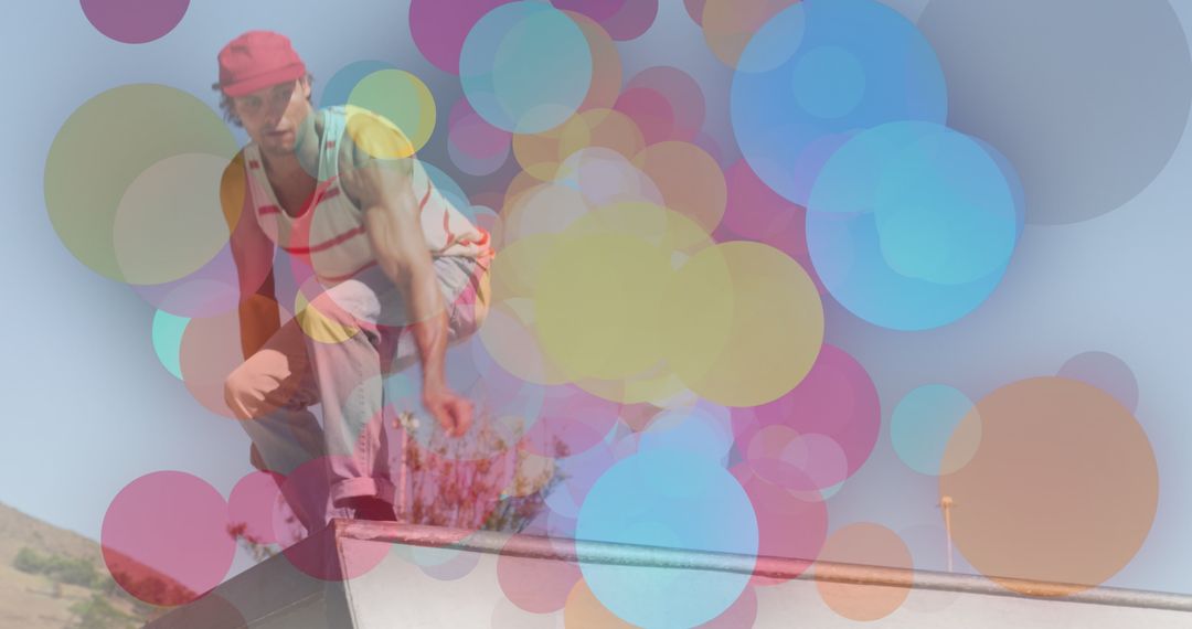 Dynamic Skateboarder in Colorful Digital Interface Concept Overlay