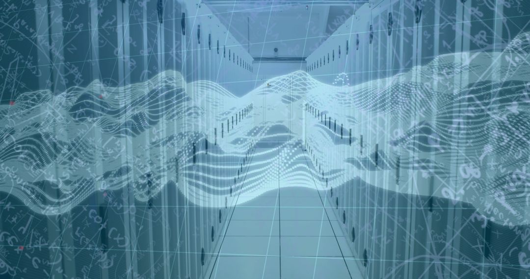 Digital Wave Patterns Over Server Room Illustrating Network Connectivity