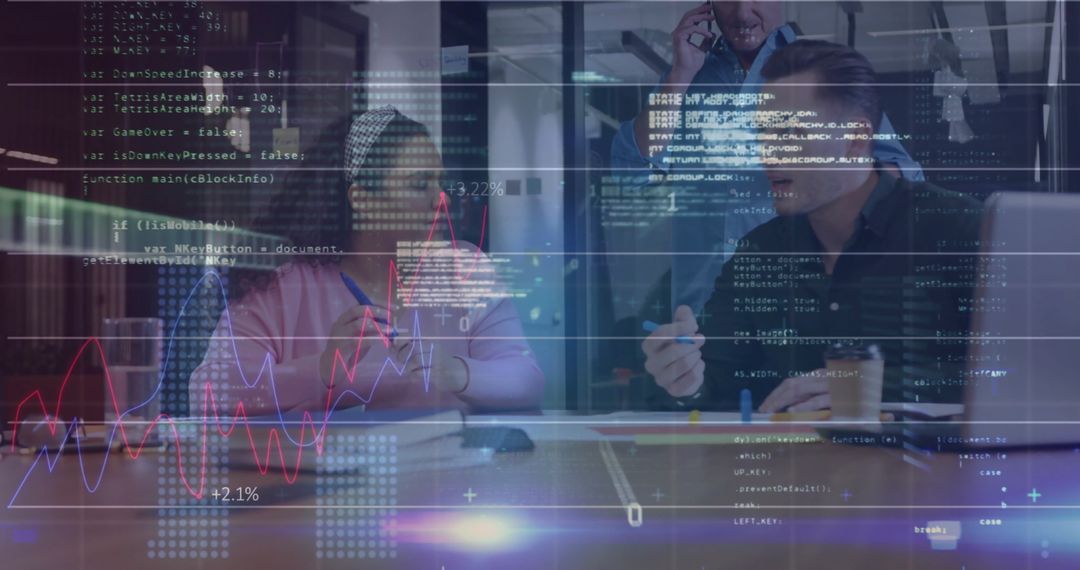 Diverse Team Analyzing Data Overlays in Modern Office Workspace