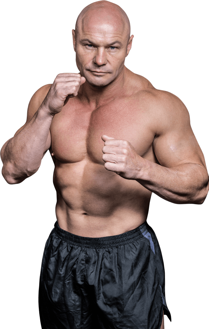 Transparent Bald Man in Boxing Pose Showcasing Strength