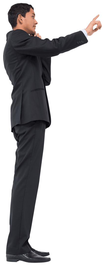 Smiling Businessman Engaging with Virtual Interface on Transparent Background