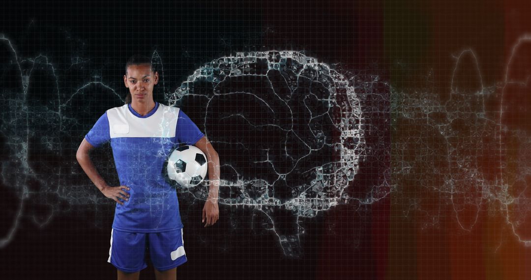 Female Soccer Player Holding Ball with Digital Brain Connectivity