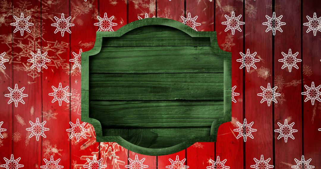 Festive Red Background with Snowflakes and Blank Wooden Sign