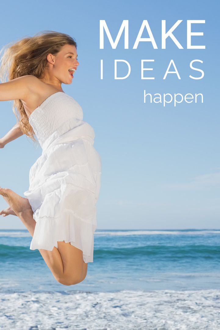 Joyful Woman Jumping at Beach for Creative Inspiration