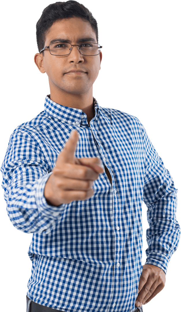 Confident Man in Checkered Shirt Pointing with Determination Transparent