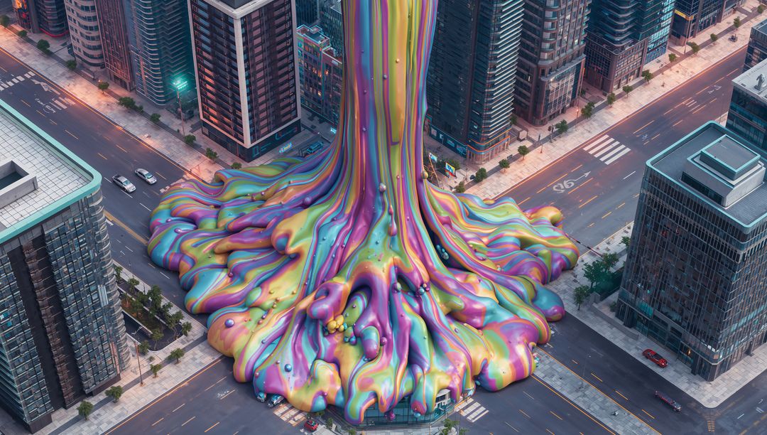 Iridescent Liquid Overrunning Urban Intersection, Surreal Chromatic Metropolis Cascade