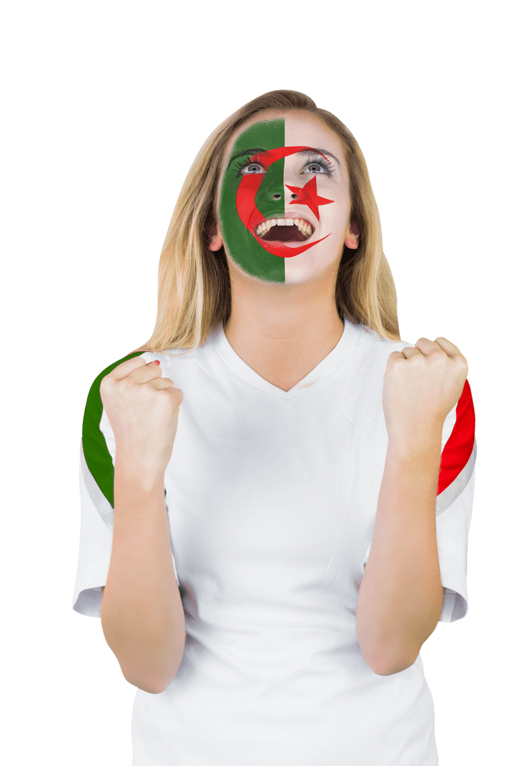 Excited Fan with Algerian Flag Face Paint on Transparent Background