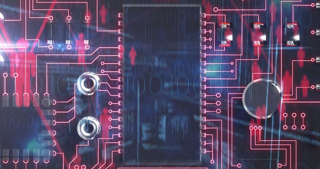 Futuristic Circuit Board with Binary Code and Human Icons