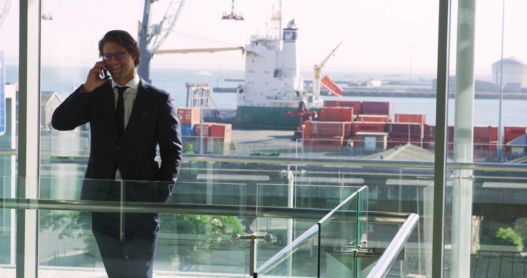 Businessman Talking on Mobile Phone by Harbor Window - Free Images, Stock Photos and Pictures on Pikwizard.com