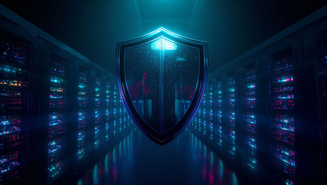 Futuristic Digital Security Shield in Data Center Server Aisle