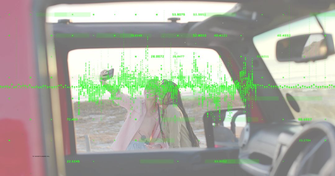 Friends Taking Selfie with Digital Data Overlay on Outdoor Adventure