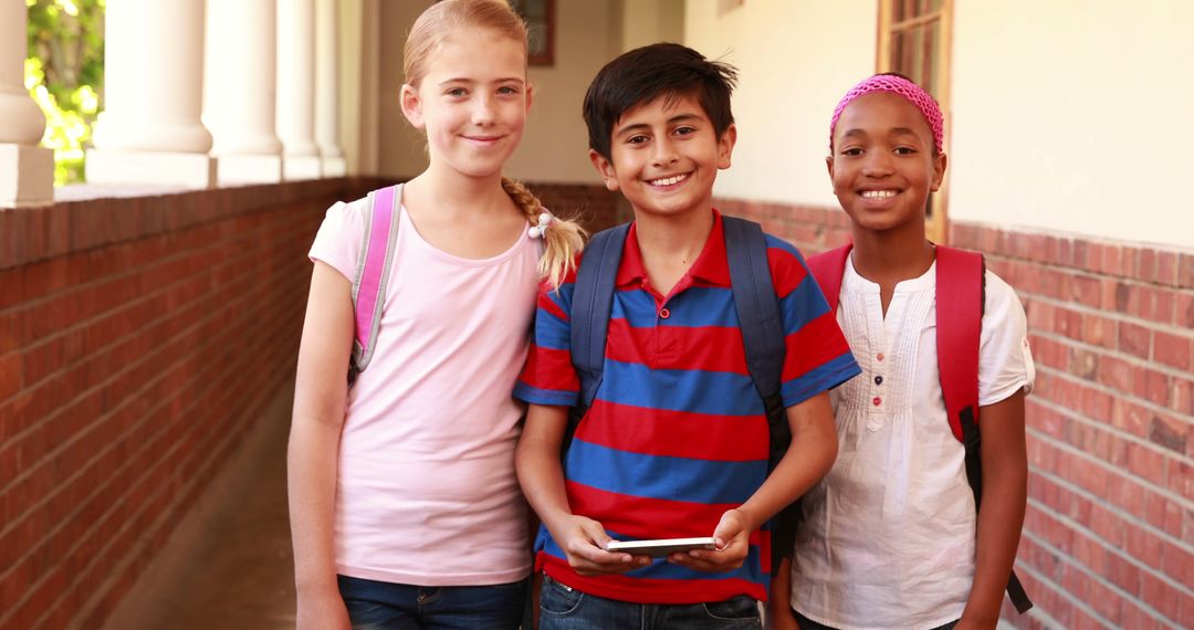 Diverse group of schoolchildren standing in hallway smiling - Free Images, Stock Photos and Pictures on Pikwizard.com