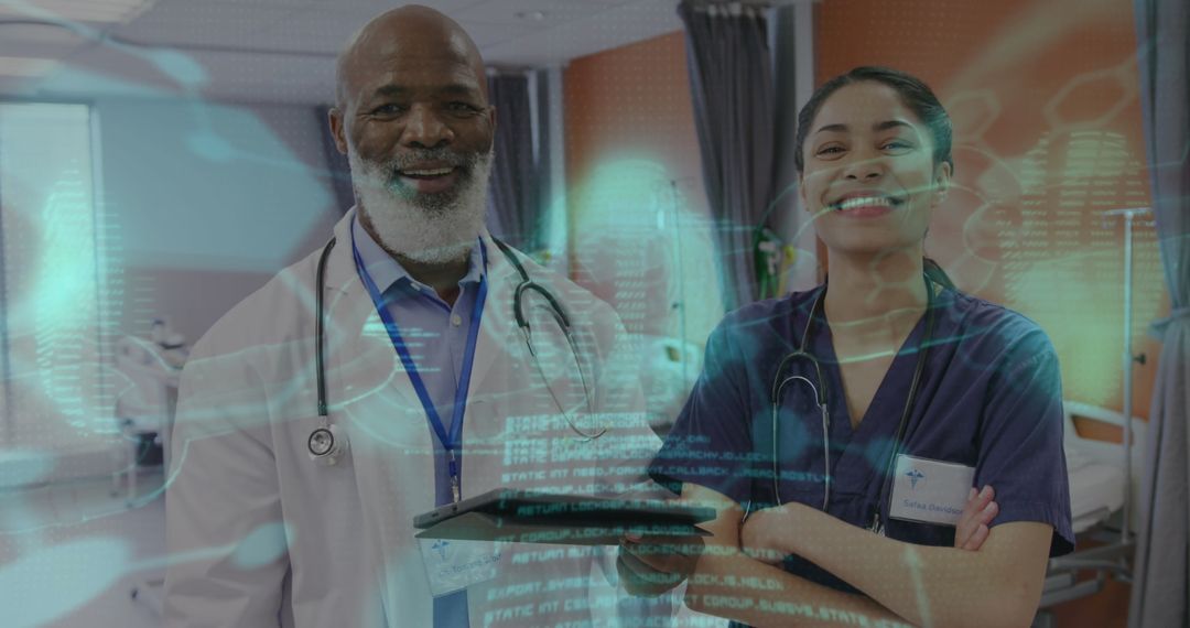 Diverse Medical Professionals with Digital Data Overlay