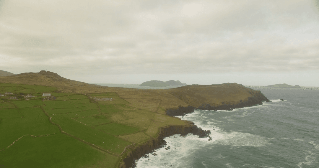 Transparent Coastline Scene with Green Fields and Cloudy Sky