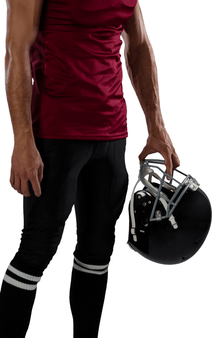 Transparent Athlete Holding Football Helmet in Uniform Mid-Section View