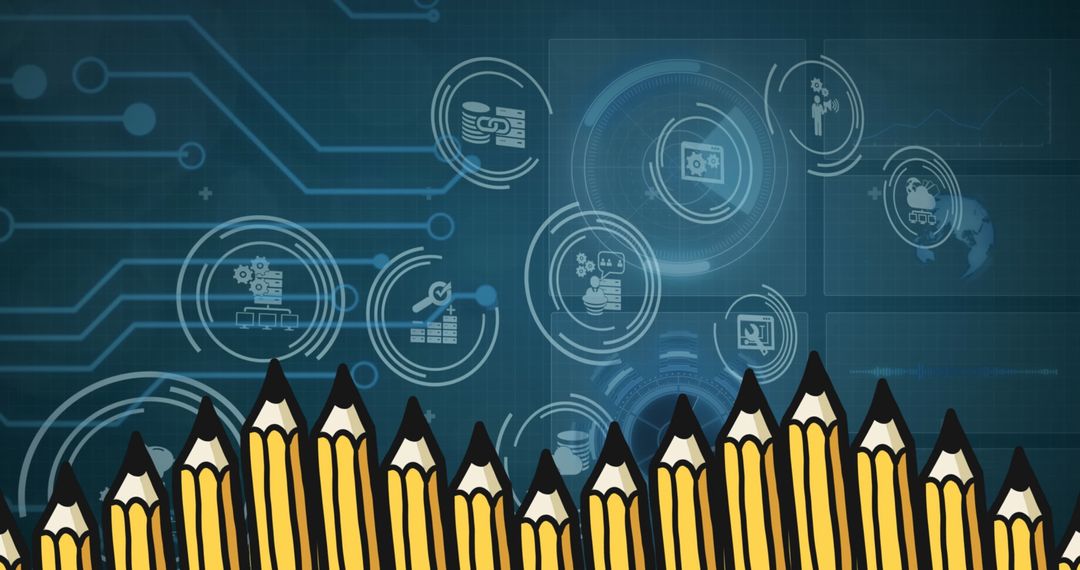 Pencils in Front of Digital Business and Technology Icons Background