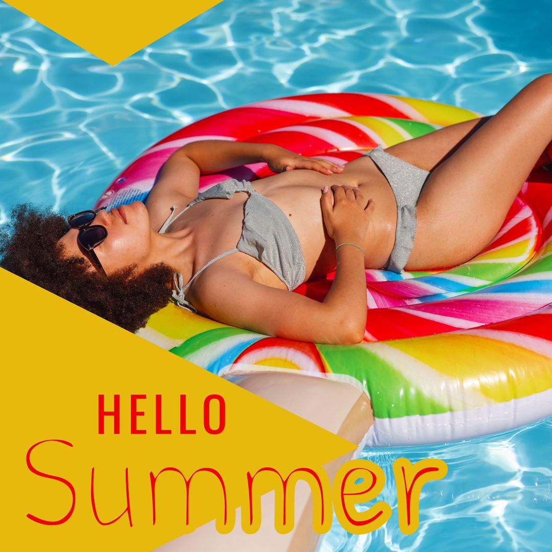 Hello Summer with Woman Relaxing on Colorful Pool Float - Download Free Stock Templates Pikwizard.com