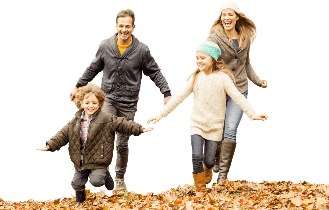 Joyful Family Running Through Autumn Leaves on Transparent Background