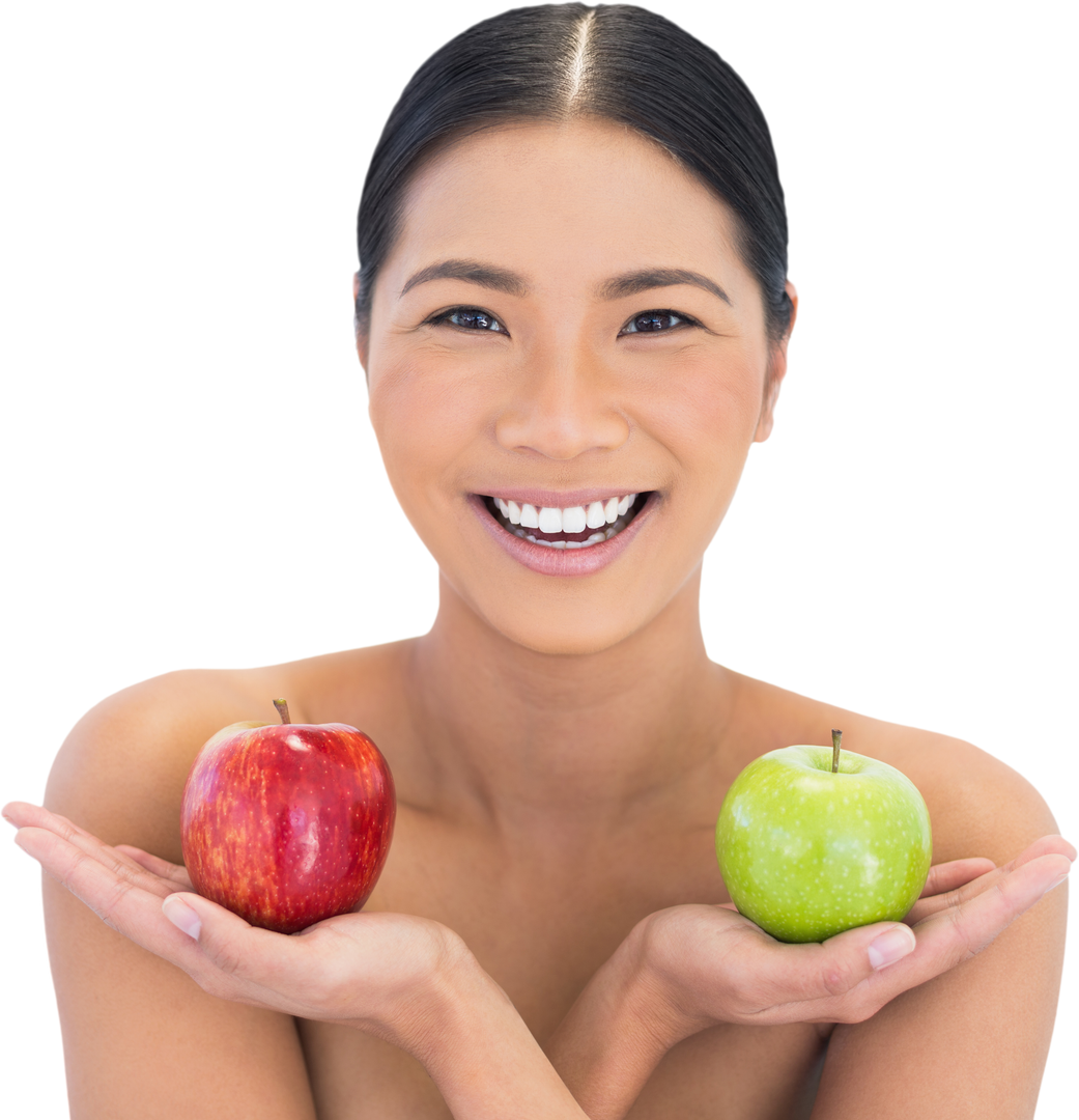 smiling woman holding fresh red and green apples in transparent background - Download Free Stock Images Pikwizard.com