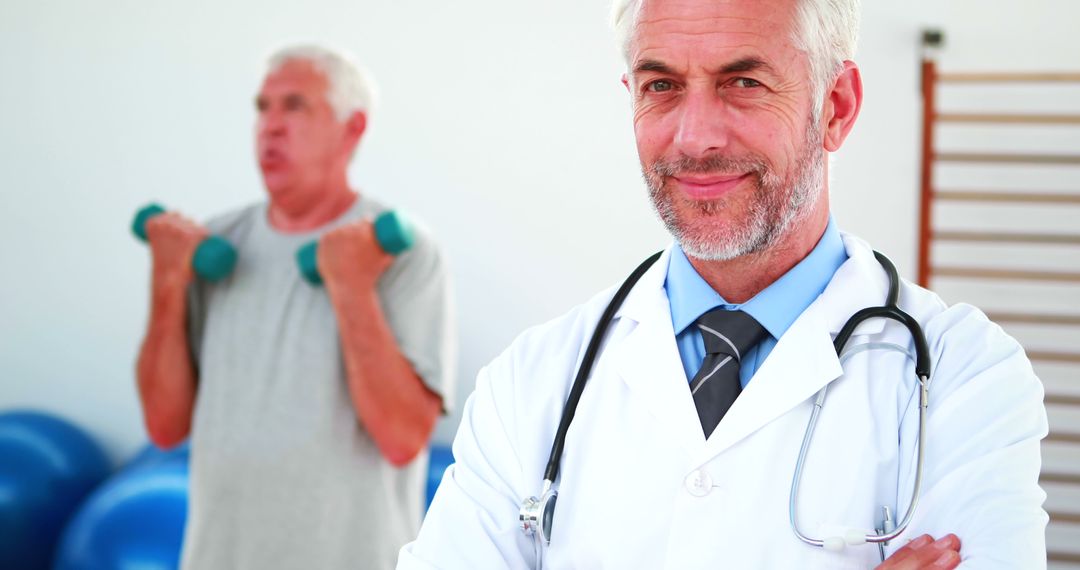 Senior Male Doctor Supervising Older Man Exercising with Dumbbells - Free Images, Stock Photos and Pictures on Pikwizard.com