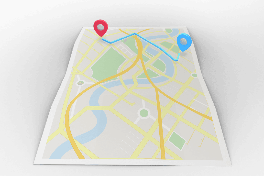Transparent Digital Map with Red and Blue Pins Differentiating Route
