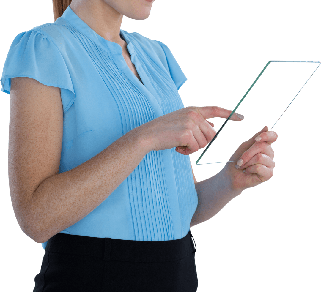 Businesswoman Using Transparent Glass Interface with Innovation Focus