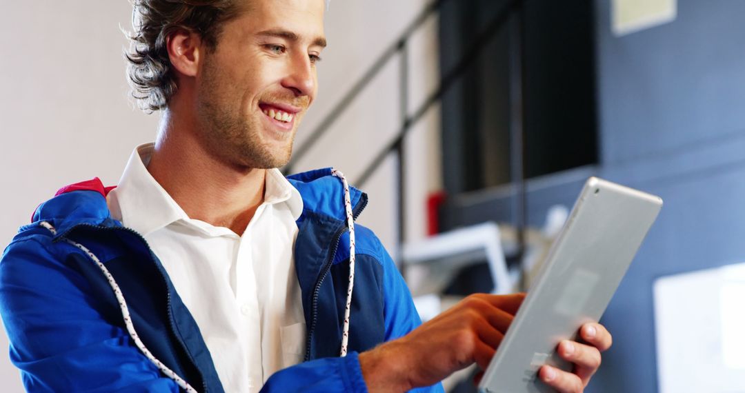 Young Man Smiling While Using Tablet Indoors - Free Images, Stock Photos and Pictures on Pikwizard.com