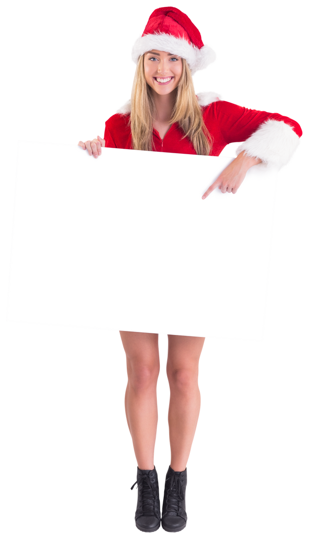 Woman in Santa Costume Holding a Transparent Christmas Poster - Download Free Stock Images Pikwizard.com