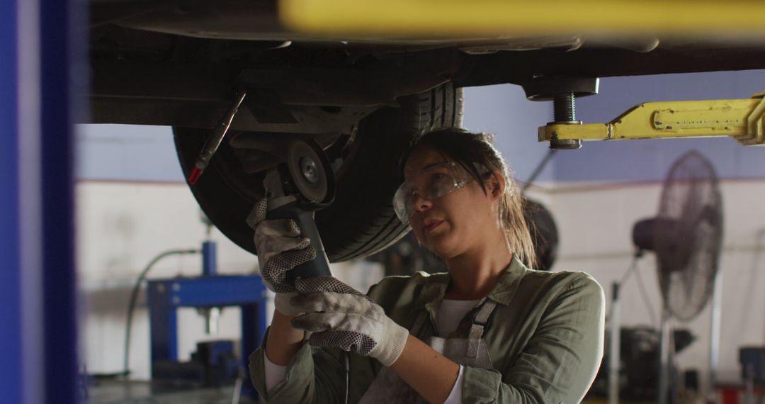 Female auto mechanic working under vehicle in garage workshop - Free Images, Stock Photos and Pictures on Pikwizard.com