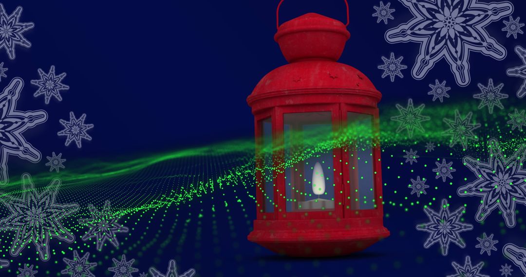 Red Lantern with Digital Waves and Decorative Snowflakes on Blue