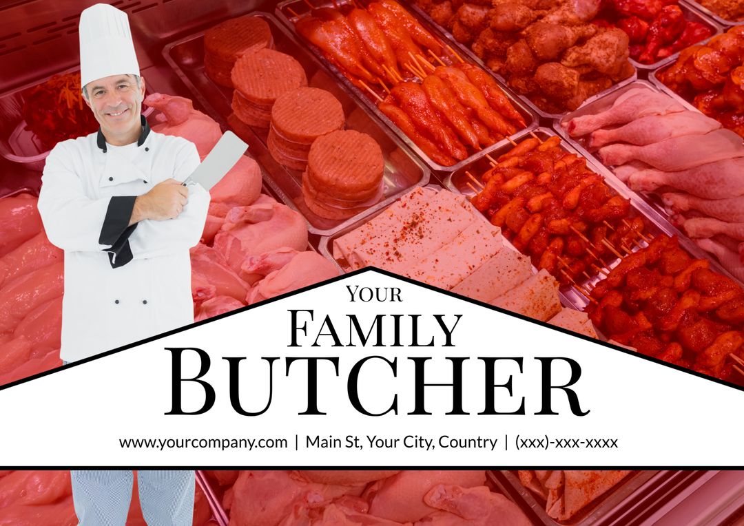 Family Butcher Chef Standing with Fresh Meats Behind Display Counter - Download Free Stock Templates Pikwizard.com