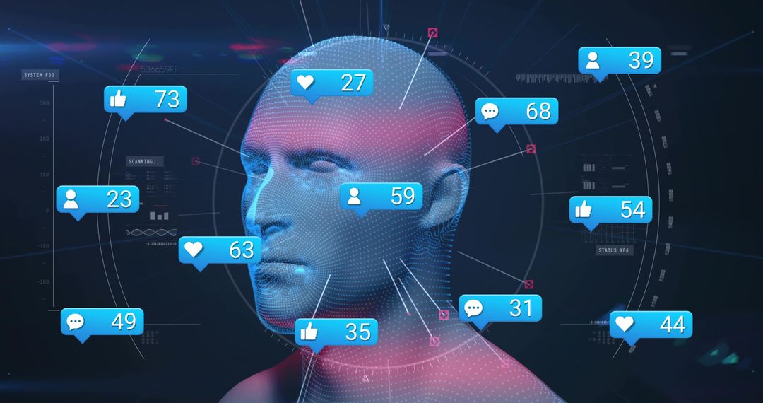 Digital Mesh Head with Social Media Interface Elements