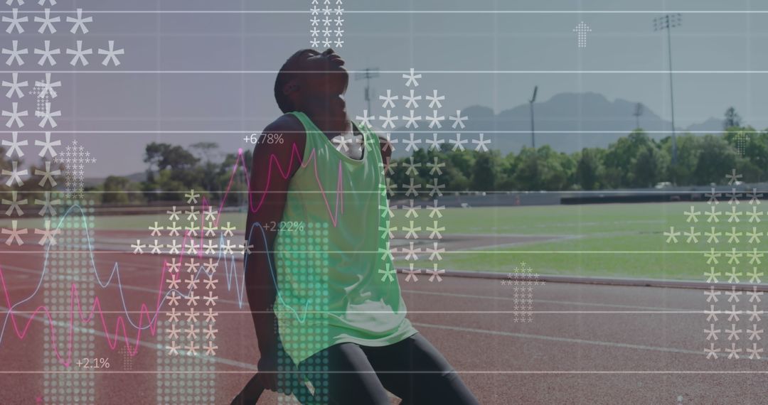 Determined Athlete with Prosthetic Blades and Digital Data Overlay