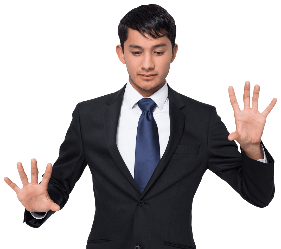 Focused Asian Businessman Gesturing on Transparent Background