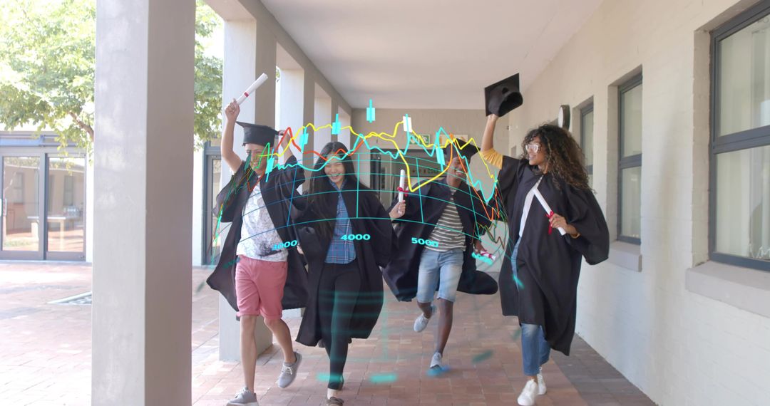 Graduates walking corridor celebrating commencement with diplomas and data chart overlay