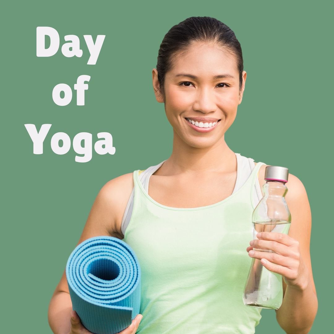 Smiling Woman Ready for Yoga with Bottle and Mat