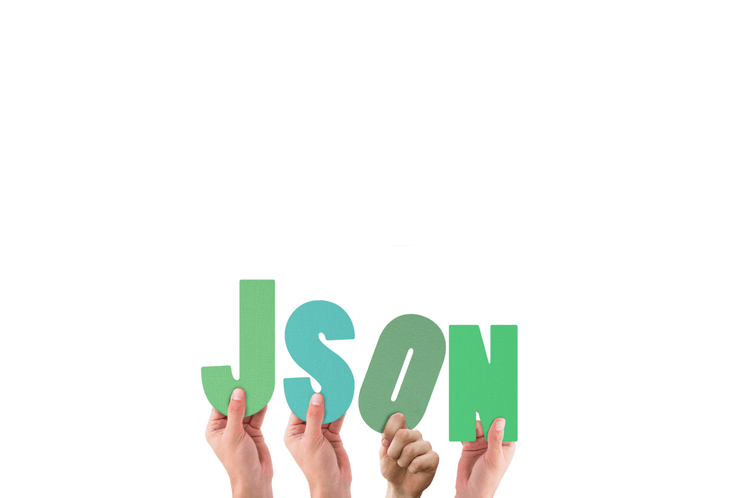 Hands Holding Colorful Letters JSON on Transparent Background