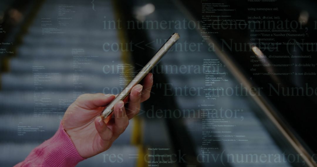 Hands Holding Smartphone on Escalator with Transparent Code Overlay