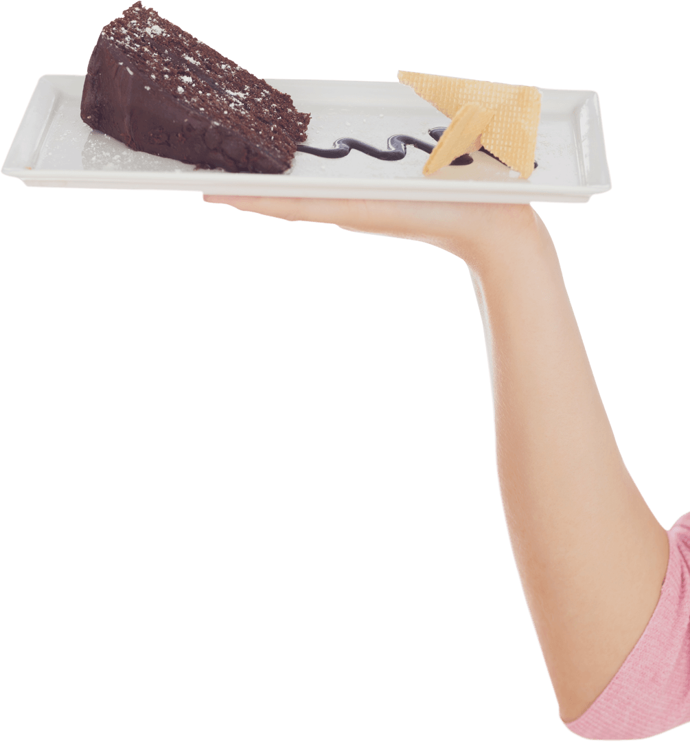 Transparent Cropped Hand Holding Dessert Plate with Chocolate Cake