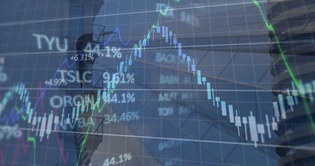 Digital Graphs Overlaying Cityscape Reflecting Economic Trends