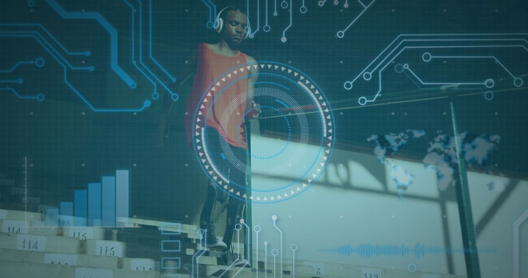 Disabled Athlete with Running Blades and Digital Data Overlay