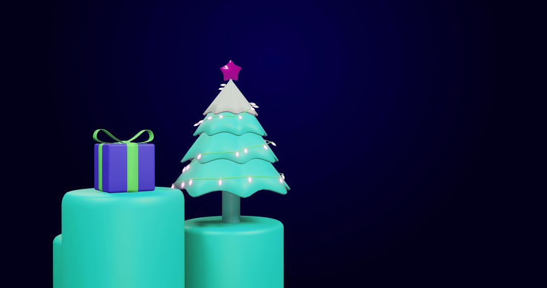 Minimalist 3D Christmas Tree with Gift Box on Dark Background